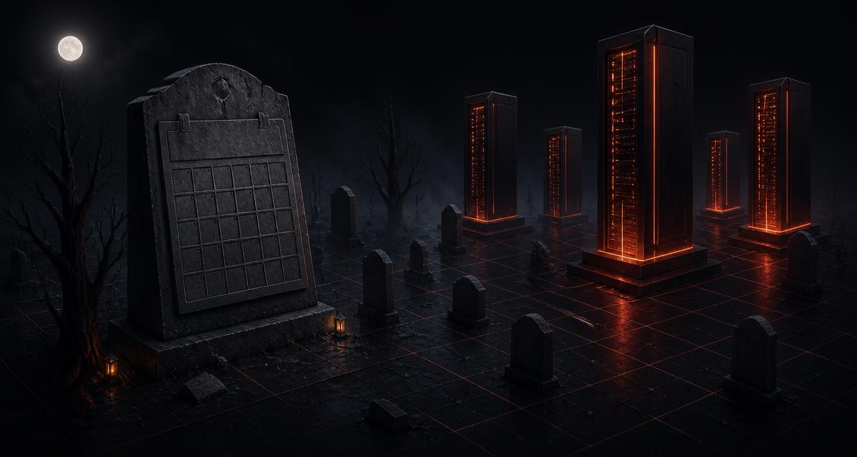 Moonlit isometric AI tool graveyard with a stone June calendar monolith and intact glowing servers